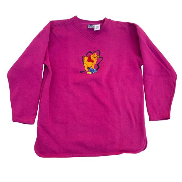 Vintage 90s Winnie The Pooh 100 Acre Disney Sweatshirt Size Large Pink V Neck - Picture 1 of 5